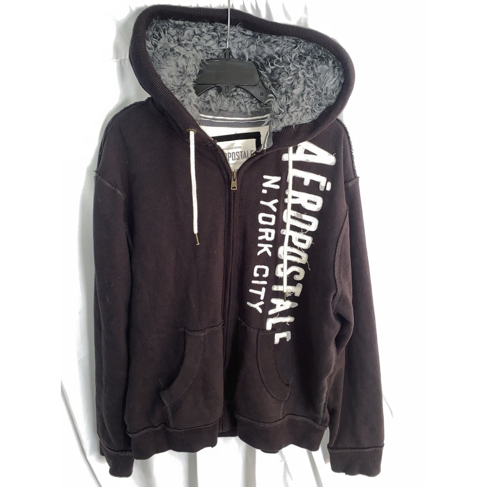 VTG Aeropostale Faux Fur Hoodie Mens Large Full Zip Thermal Y2K Sweatshirt